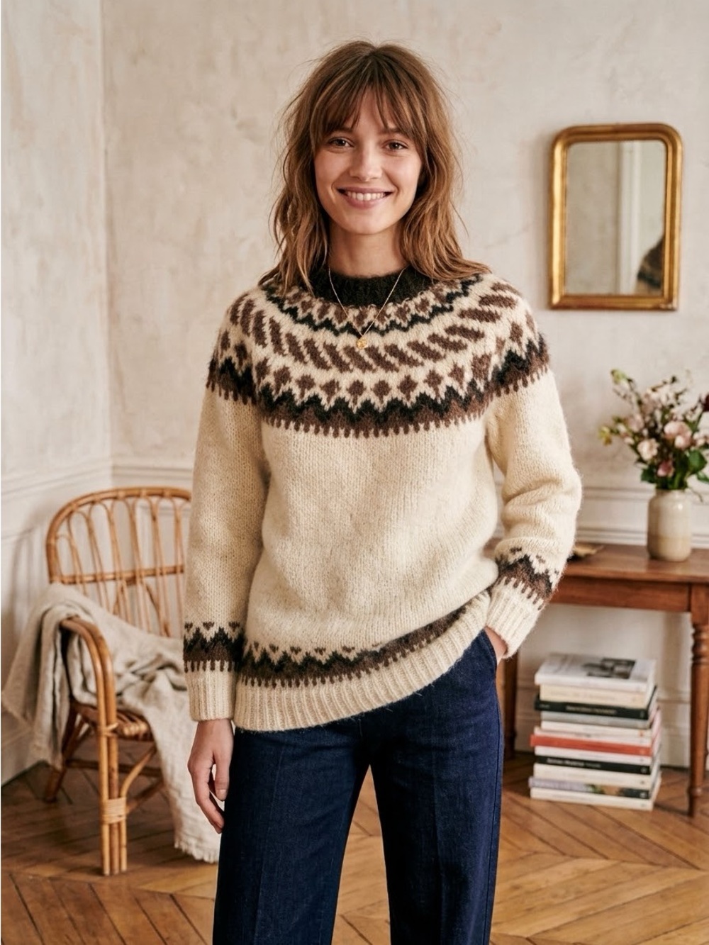 Vintage Handmade Ivory Brown Icelandic Chunky Wool Fair Isle Sweater - XS / S